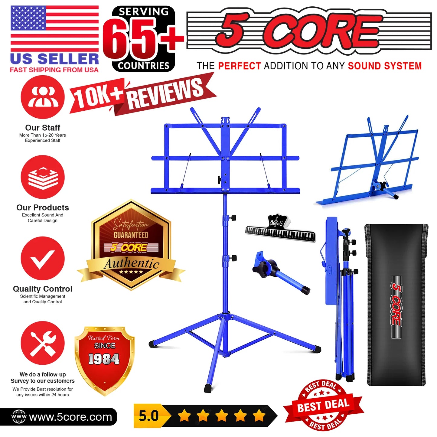 5Core Music Stand for Sheet Music Portable Tripod Adjustable Folding Note Holder BLUE