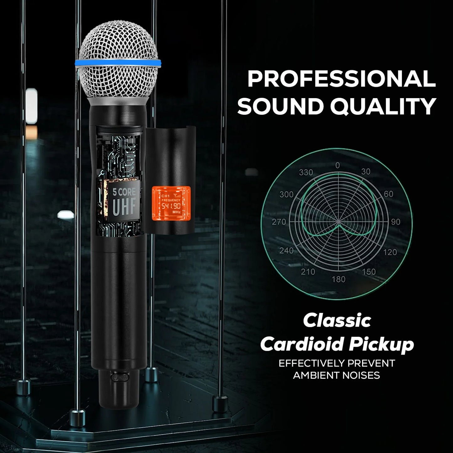 5 Core Wireless Microphone System 4 Channel UHF 492F Range Portable Receiver W Cordless Mic