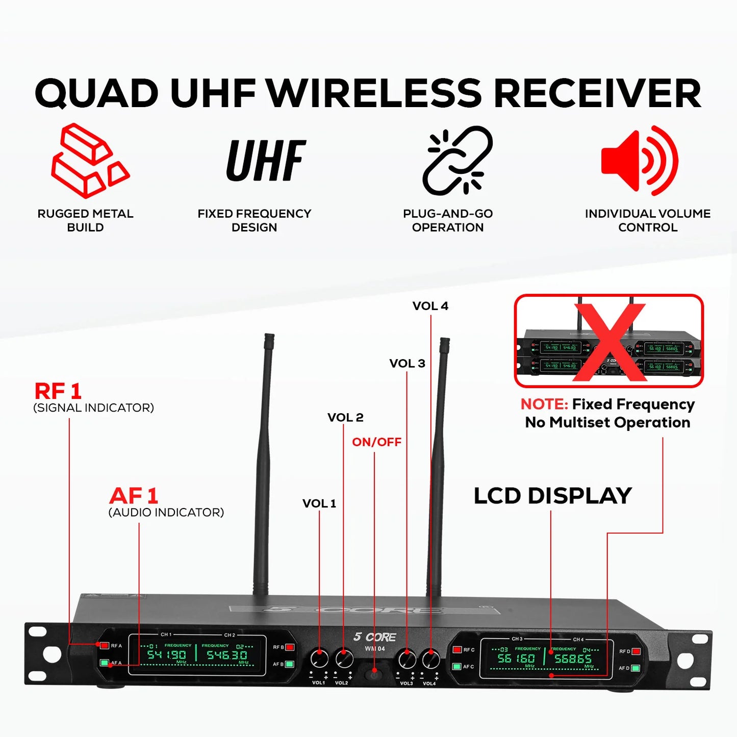 5 Core Wireless Microphone System 4 Channel UHF 492F Range Portable Receiver W Cordless Mic