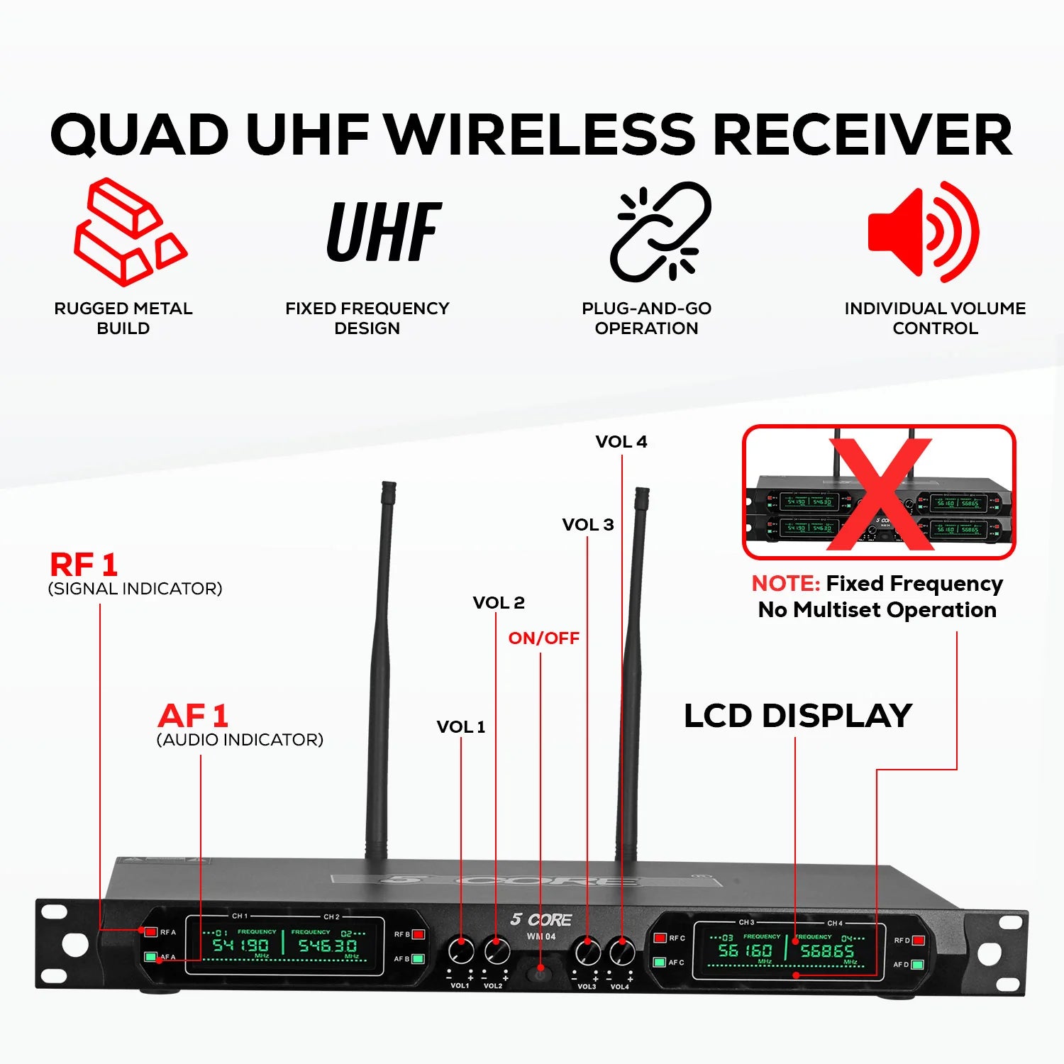5 Core Wireless Microphone System 4 Channel UHF 492F Range Portable Receiver W Cordless Mic