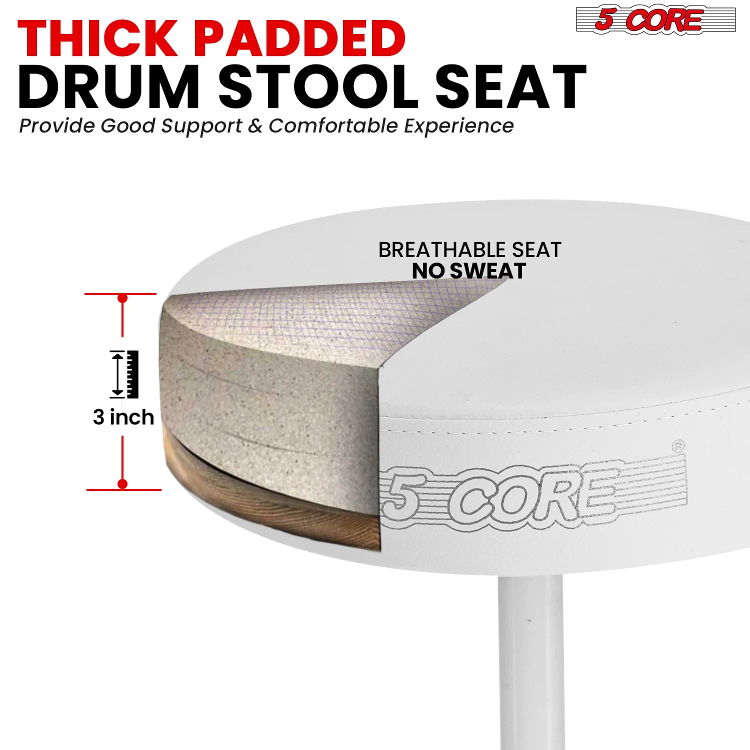 5Core Drum Throne Adjustable Guitar Stool 3" Padded Drummer Seat for Adults & Kids