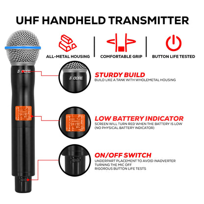 5 Core Wireless Microphone System 4 Channel UHF 492F Range Portable Receiver W Cordless Mic
