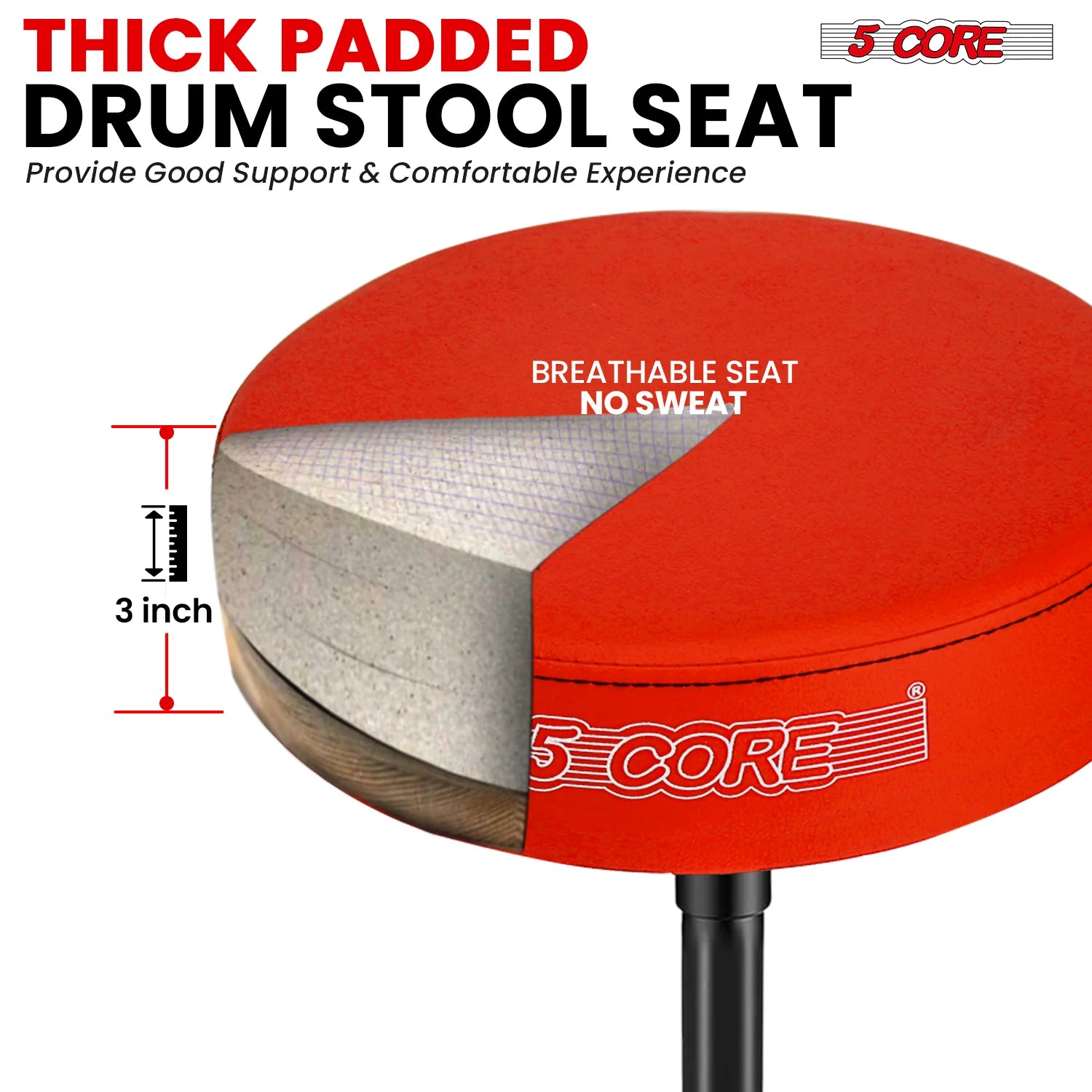 5Core Drum Throne Adjustable Guitar Stool 3" Padded Drummer Seat for Adults & Kids