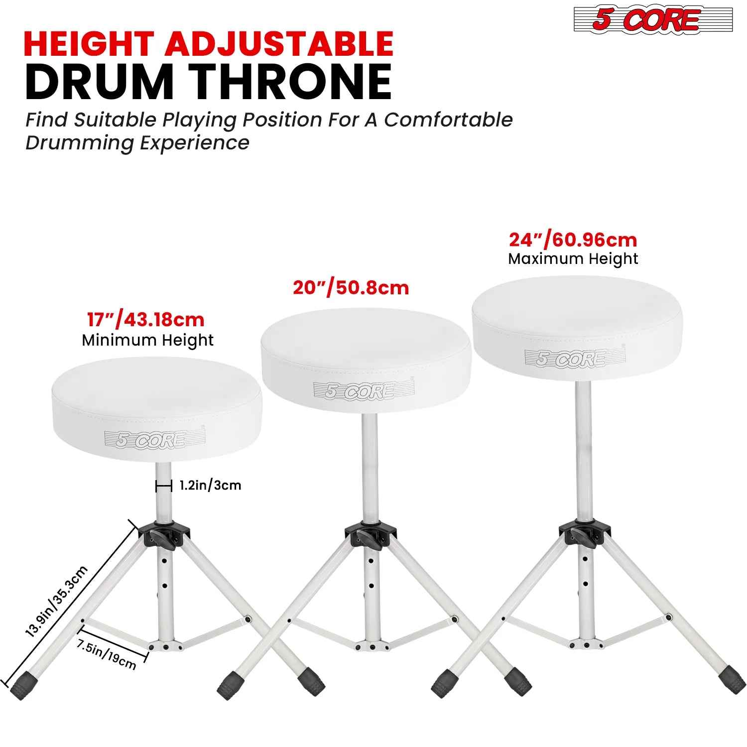 5Core Drum Throne Adjustable Guitar Stool 3" Padded Drummer Seat for Adults & Kids