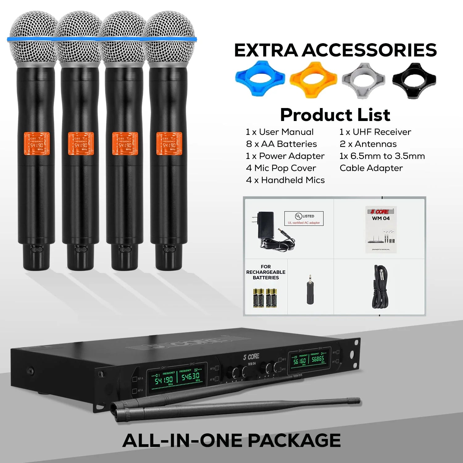 5 Core Wireless Microphone System 4 Channel UHF 492F Range Portable Receiver W Cordless Mic