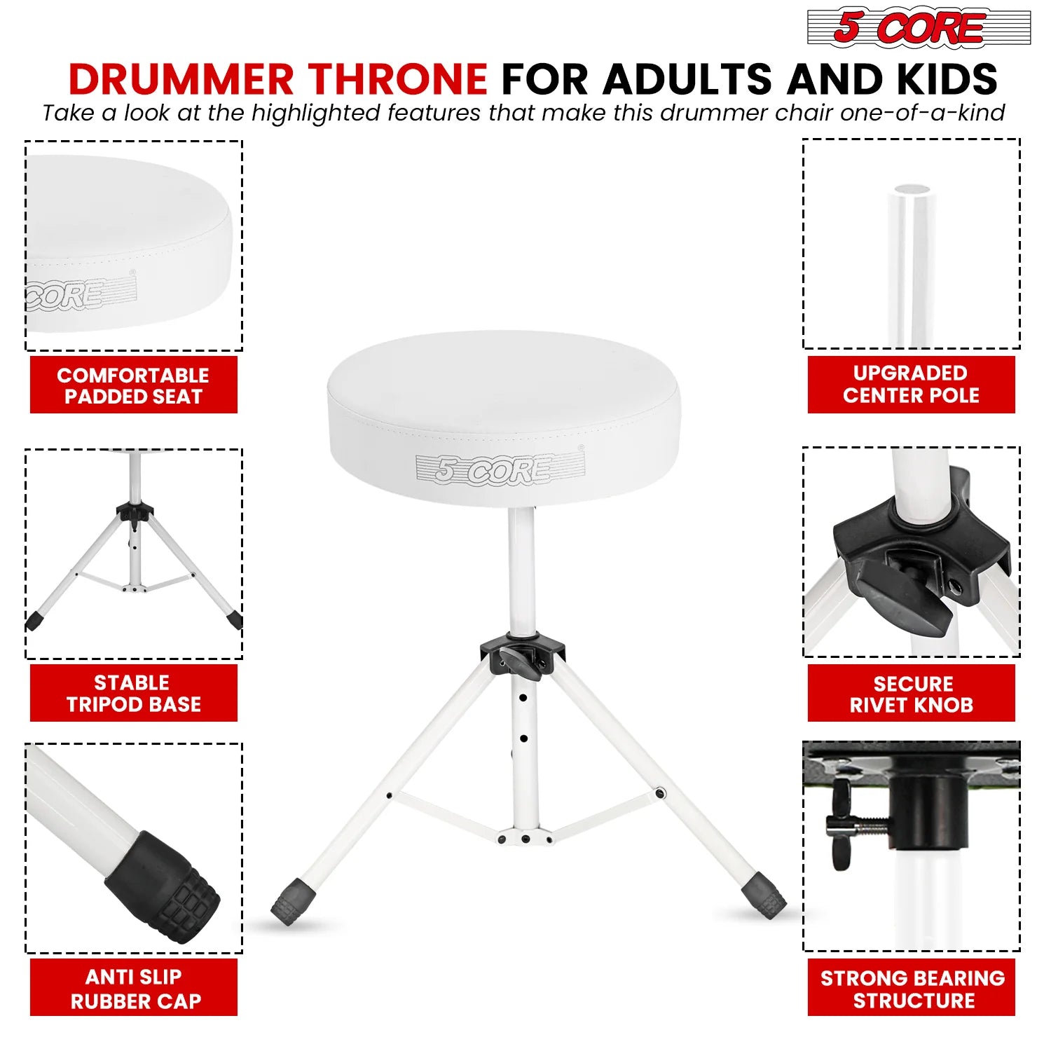 5Core Drum Throne Adjustable Guitar Stool 3" Padded Drummer Seat for Adults & Kids